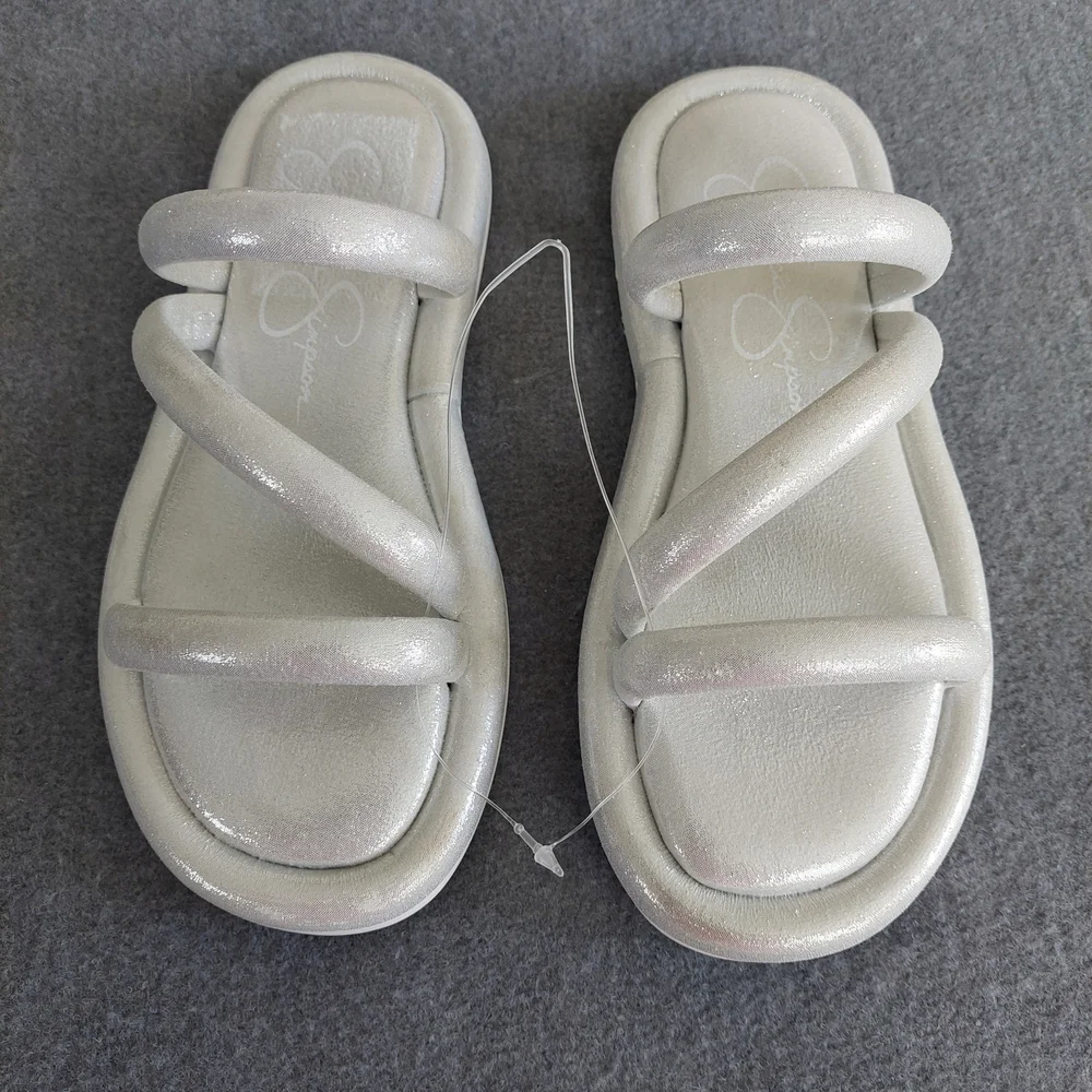 Jessica Simpson Metallic Silver Puffy Triple Strap Platform Slides - NWOB Size 2